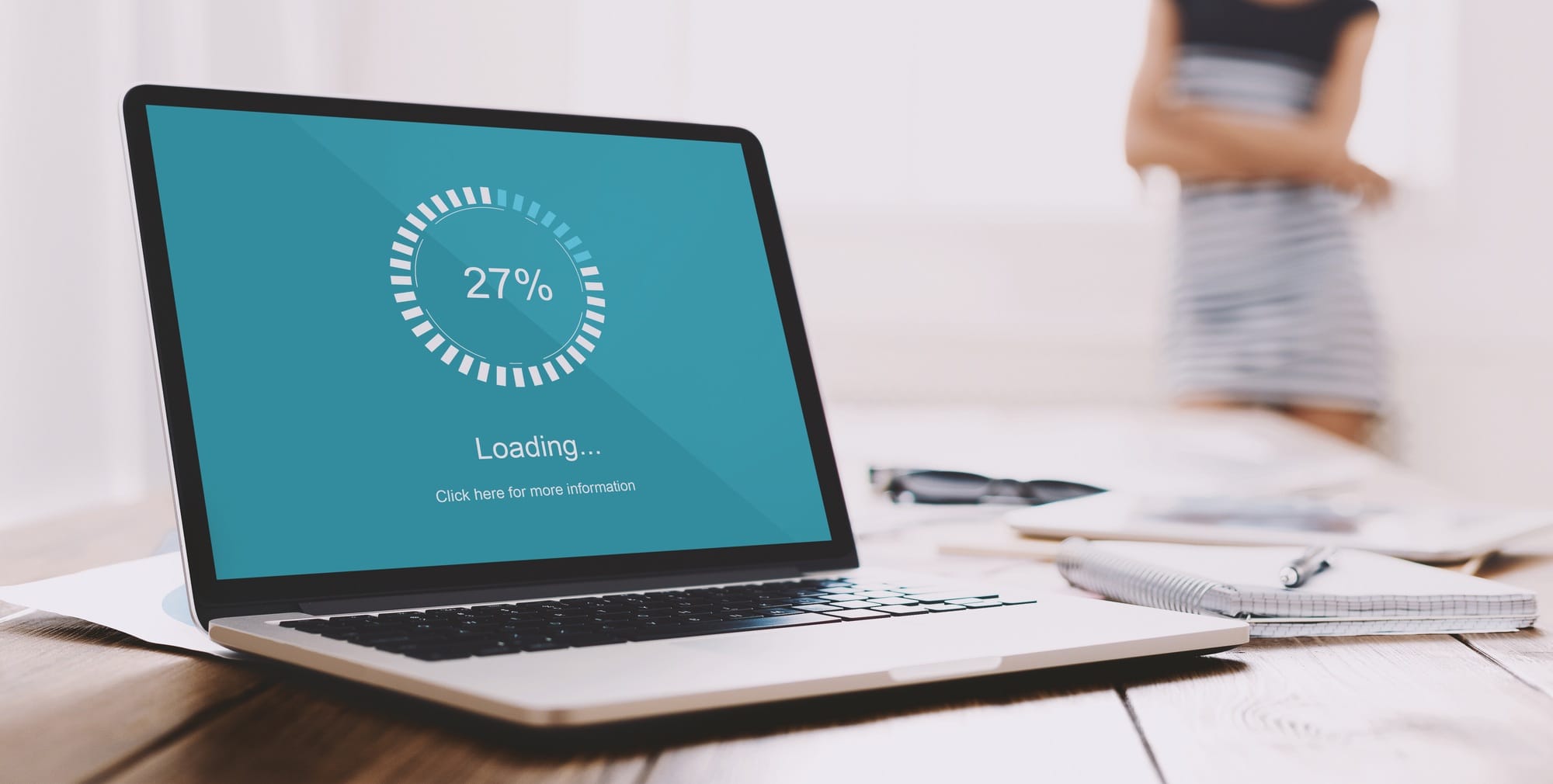 Close up of freelancer laptop with loading bar on screen